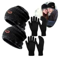Kit 2 Touca Pelinho Unissex + Luva de Lã Preta Frio Intenso Inverno Gorro Forrado Quente