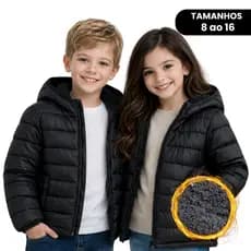 Jaqueta Infantil Bobojaco Puffer Inverno Forro Peluciado Super Quente Capuz Removível 8 a 16 Anos