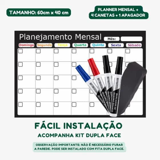 Planner Mensal 60x40cm Organizador de Rotina + 4 Canetas + Apagador + Kit Instalação Planner 2026