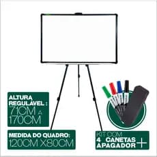 Lousa Quadro Branco 120x80cm + Suporte Tripé Cavalete Regulável + 4 Canetas Coloridas + 1 Apagador