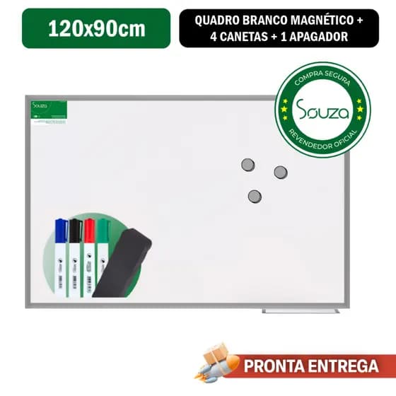 Lousa Quadro Branco Magnético 120x90cm Moldura Alumínio + 4 Canetas + 1 Apagador