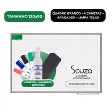 Quadro Branco Lousa 120x90cm Moldura Alumínio Souza + 4 Canetas + Apagador + Limpa Telas