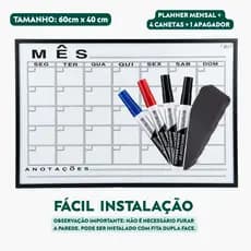 Planner Mensal 60x40cm Organizador de Rotina + 4 Canetas + Apagador + Kit Instalação Planner 2026