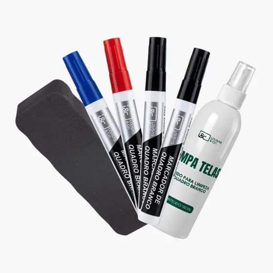 Kit Caneta Marcador Quadro Branco + Apagador Anti Danos + Limpa Telas P/ Lousa Quadro Branco