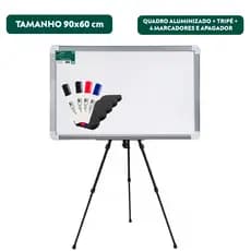 Quadro Lousa Branca 90x60cm Moldura MDF Cor Alumínio + Tripé + 4 canetas + Apagador