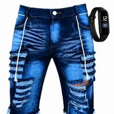 Bermuda Jeans Masculina Rasgada Desfiada Lycra  + Relogio esportivo Envio hoje envio imediato