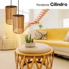 Kit 2 Pendentes Cilindro Rustico Lustre Junco Bivolt