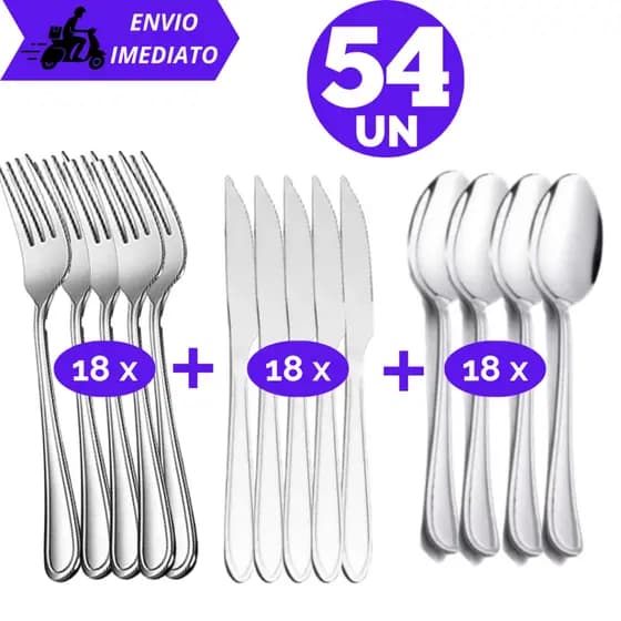 Jogo com 54 Peças Jogo de Talheres 18 Garfos e 18 Facas e 18 Colheres Aço Inox Premium Conjunto Talher
