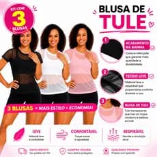 Kit 3 Blusas Tule Feminina Academia Manga Curta Transparente Fitness Leve Respirável