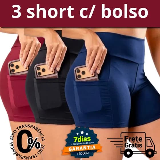 Kit 3 Short de Academia Feminino Fitness Suplex Cintura Alta Confortável Zero Trasparencia