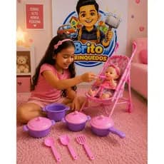 Boneca com carrinho e jogo de cozinha com 7 peças
