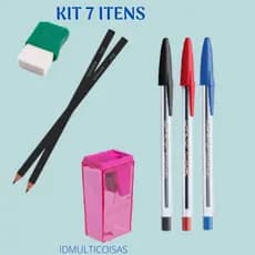 Kit Escolar completo _ Lápis de Escrever Preto _  Canetas Esferográficas Azul Preta e Vermelha _ Borracha _ Apontador _