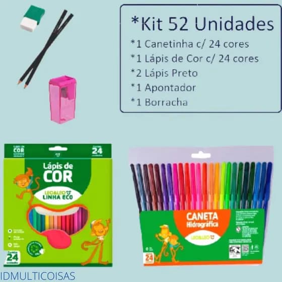 Kit 24 , Com Canetinha 24 Cores, Lápis de 24 Cores, 2  Lápis Preto, 1 Apontador e 1 Borracha