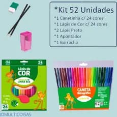 Kit 24 , Com Canetinha 24 Cores, Lápis de 24 Cores, 2  Lápis Preto, 1 Apontador e 1 Borracha