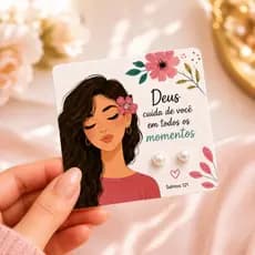 Tag com Brinco Pérola + Cartão Frases Motivacionais/Bíblicas/ Presente Mimo Delicado