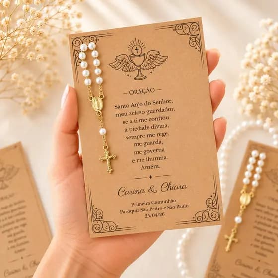 Cartão com Mini Terço | Lembrancinha religiosa para Primeira Comunhão, Eucaristia, Batizado e Crisma