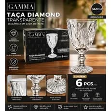 Taças Diamond 340ml Kit 6 Peças Vidro Luxo Design Sofisticado Mesa Posta Elegante