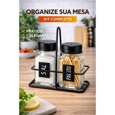 Kit Saleiro e Paliteiro de Vidro com Suporte Metal Porta Palito e Sal para Mesa Cozinha Restaurante