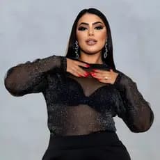 Body Manga Longa Tule Com Brilho Balada Festa Noite Plus Size
