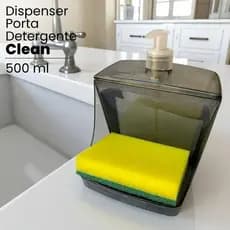 Dispenser Porta Detergente Clean 500 ml com Suporte de Esponja Translucido Transparente para Cozinha