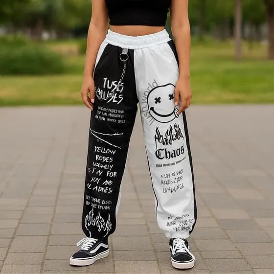 Calça Tumblr Y2K Gótica Bicolor com Frases Estilizadas e Corrente Emoji Carinha Sorriso