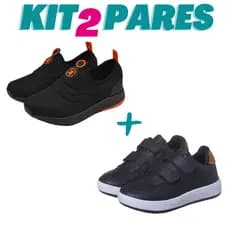 KIT 2 PARES Tenis Infantil Calce Facil Menino Preto Laranja e Casual Preto