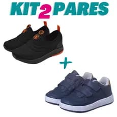 KIT 2 PARES Tenis Infantil Calce Facil Menino Preto Laranja e Casual Marinho