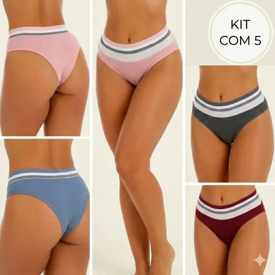Kit Com 5 Calcinhas Menstrual Bicolor Microfibra Cintura Alta Não Marca Elástico Colorido
