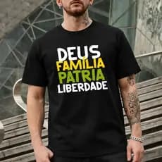 Camiseta Deus Pátria E Família Liberdade Bolsonaro Tradicional Brasil Patriota Unissex Algodão Estampada