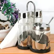 Mini Galheteiro de Mesa em Vidro com Suporte para Azeite, Vinagre e Sal, Temperos