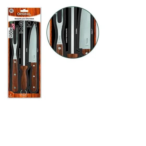 Kit Churrasco 3 Peças em Madeira e Aço Inox – Faca, Garfo e Chaira – Original Line
