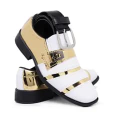 Kit Sapato Social Infantil Masculino 443 Com Cinto Branco Dourado Pajem Bico Quadrado Promoção Casamento Novidade