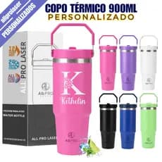 Copo Garrafa Térmica Flip 900ml Inox Bico Alça Personalizada Nome Time Figuras