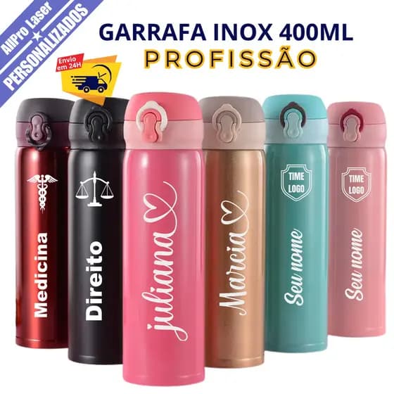 Garrafa Térmica 400ml Personalizada a Laser  Nome Figura Profissão