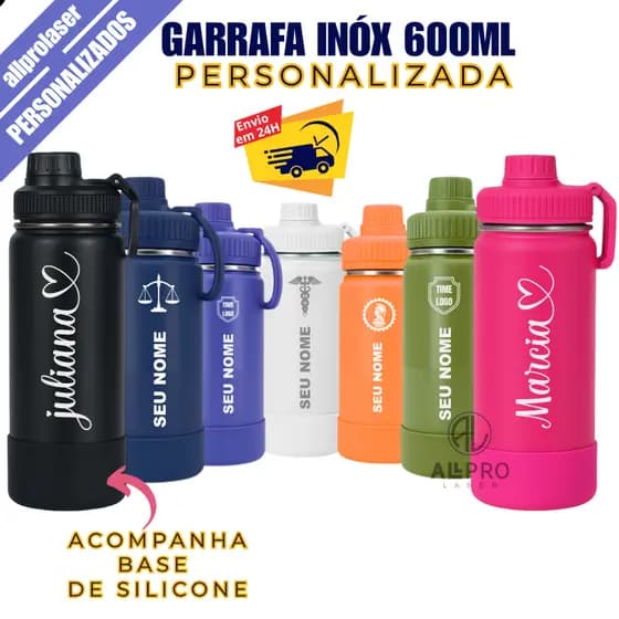 Garrafa Térmica 500ml / 600ml + Proteção de  Silicone Personalizada a Laser