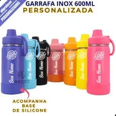 Garrafa Térmica Inox 600ml + Base Silicone Personalizada a Laser Logo Nome
