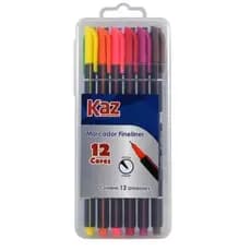 Caneta Hidrográfica Fineliner Kaz 12 Cores Ponta Fina 0.7mm com Estojo