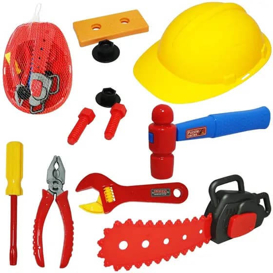 Kit Ferramenta Infantil com Capacete Motorserra 11pcs Brinquedo Menino Menina