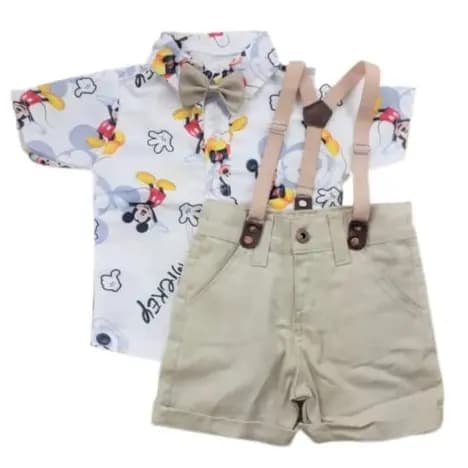 Mickey Roupa infantil ideal para mesversário e aniversário kit com 4 peças Camisa, gravata, suspensório e bermuda.