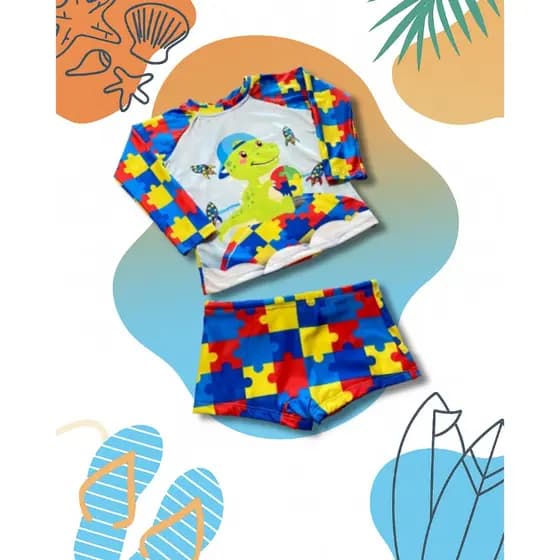 Roupa Praia UV50+ Infantil Autismo Menino Blusa Manga Longa + Sunga