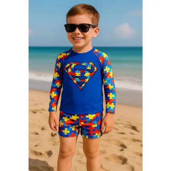 Conjunto UV50+ Autismo Juvenil Masculino Praia Piscina Camisa Manga Longa + Sunga PERSONALIZADO