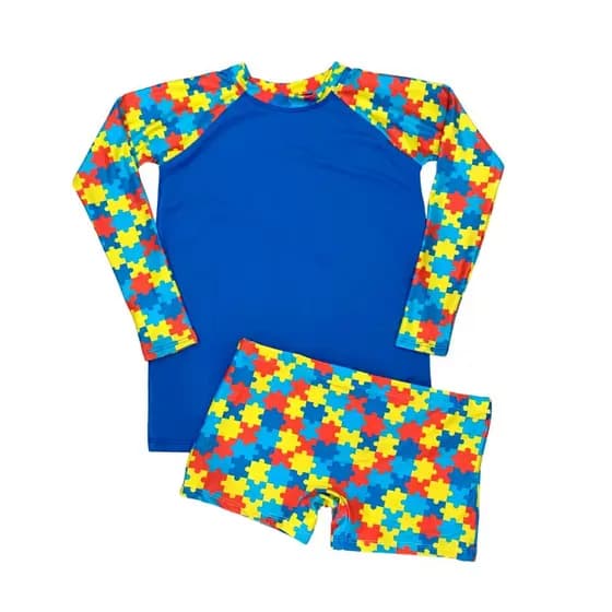 Conjunto Autismo Juvenil de Proteção Solar UV 50+ Camisa Manga Longa + Sunga Forrada MENINO