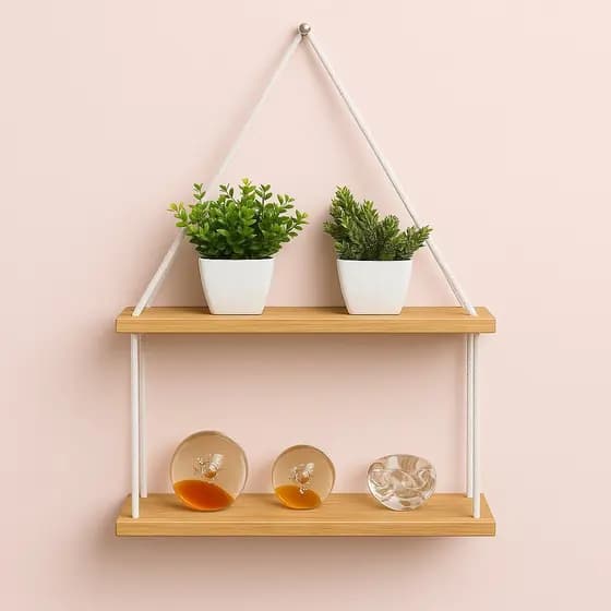 Prateleira suspensa madeira pinus 2 andares nicho de parede estante decorativa rustica cordão de algodão tendencia