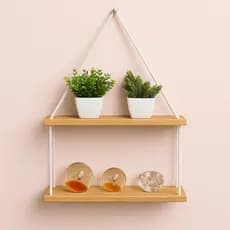 Prateleira suspensa madeira pinus 2 andares nicho de parede estante decorativa rustica cordão de algodão tendencia