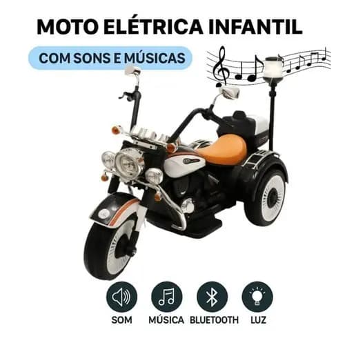 Moto Eletrica Infantil 12V Chopper Design Moderno Segurança Diversao Sirene Branca