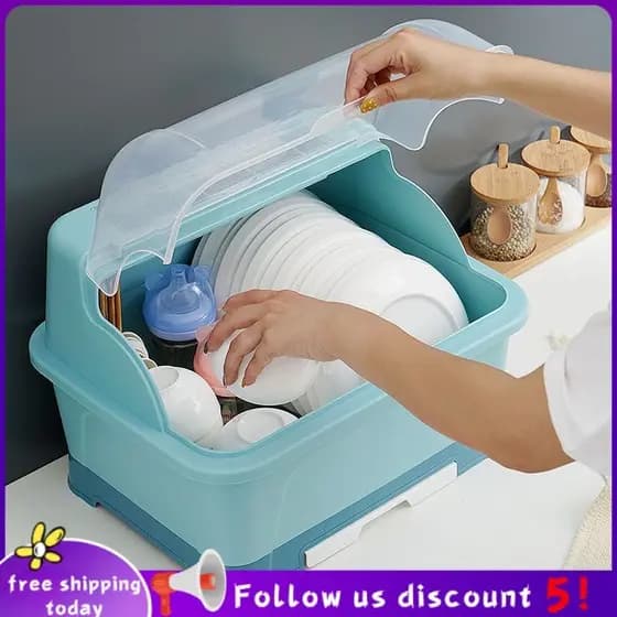 Se7ven✨Pauzinhos Organizador Cozinha Grande Armário De Plástico Dustproof Gaveta Escorredor Tigela Rack Agregado Familiar com Tampa Tigela Caixa Cozinha Prateleira