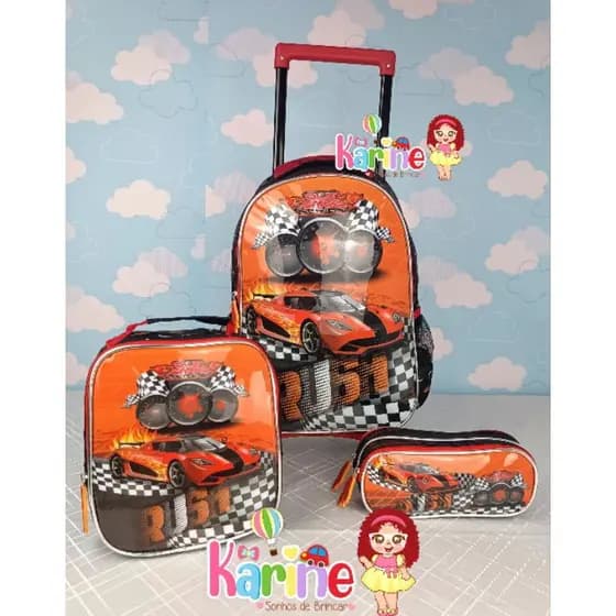 KIT MOCHILA ESCOLAR INFANTIL CARROS COM RODINHAS/ MOCHILA LANCHEIRA TÉRMICA ESTOJO/ MOCHILA MENINO/MOCHILA CARROS DENLEX