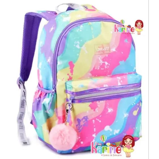 Mochila Juvenil Feminina Just Com Pom Pom Teen Escolar/ Mochila de costas para menina/ Mochila Juvenil/ Mochila denlex