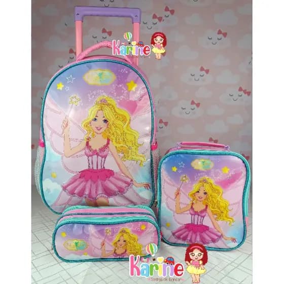 KIT MOCHILA ESCOLAR INFANTIL BAILARINA COM RODINHAS/MOCHILA LANCHEIRA TÉRMICA ESTOJO/MOCHILA PARA MENINA/MOCHILA SEANITE
