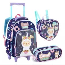 KIT MOCHILA ESCOLAR INFANTIL UNICÓRNIO LHAMA COM RODINHAS/MOCHILA LANCHEIRA TÉRMICA ESTOJO/MOCHILA PARA MENINA/ DENLEX